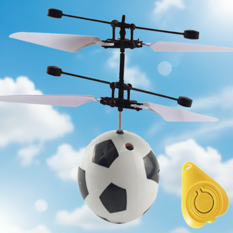 Soccer-pattern flying ball with white rotor blades and a yellow remote