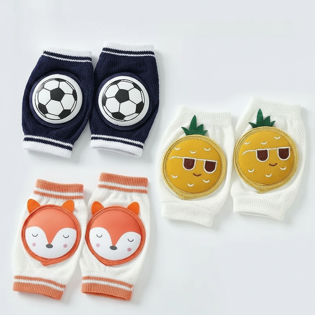 Soccer, fox, and pineapple-face knee pad designs arranged on a light background.