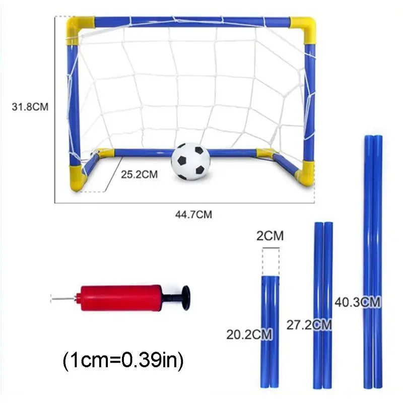 Soccer goal measurement chart showing goal dimensions, frame tube lengths, and a red hand pump.