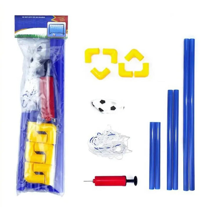 Packaged soccer goal set beside its frame tubes, connectors, net, ball, and red hand pump.