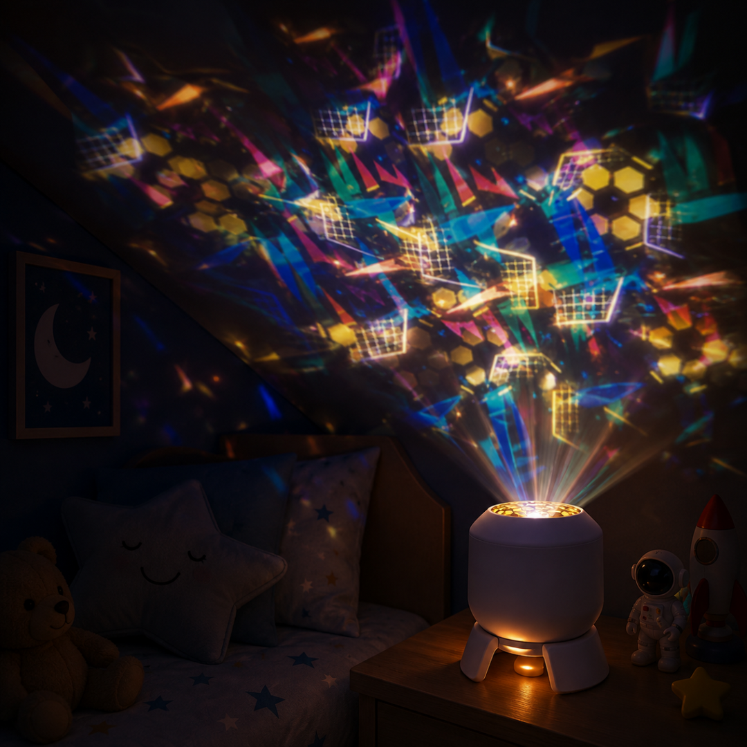 Soccer version of the night light projecting colorful soccer balls and goal patterns above a bed