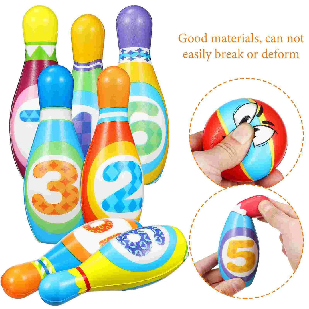 Colorful bowling pins and a ball, with close-ups showing the soft pieces being squeezed