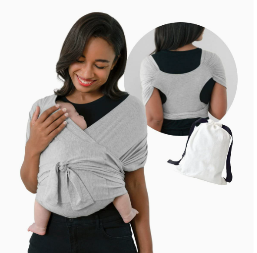 Light gray baby carrier shown with a baby at the chest, a back view and a drawstring pouch