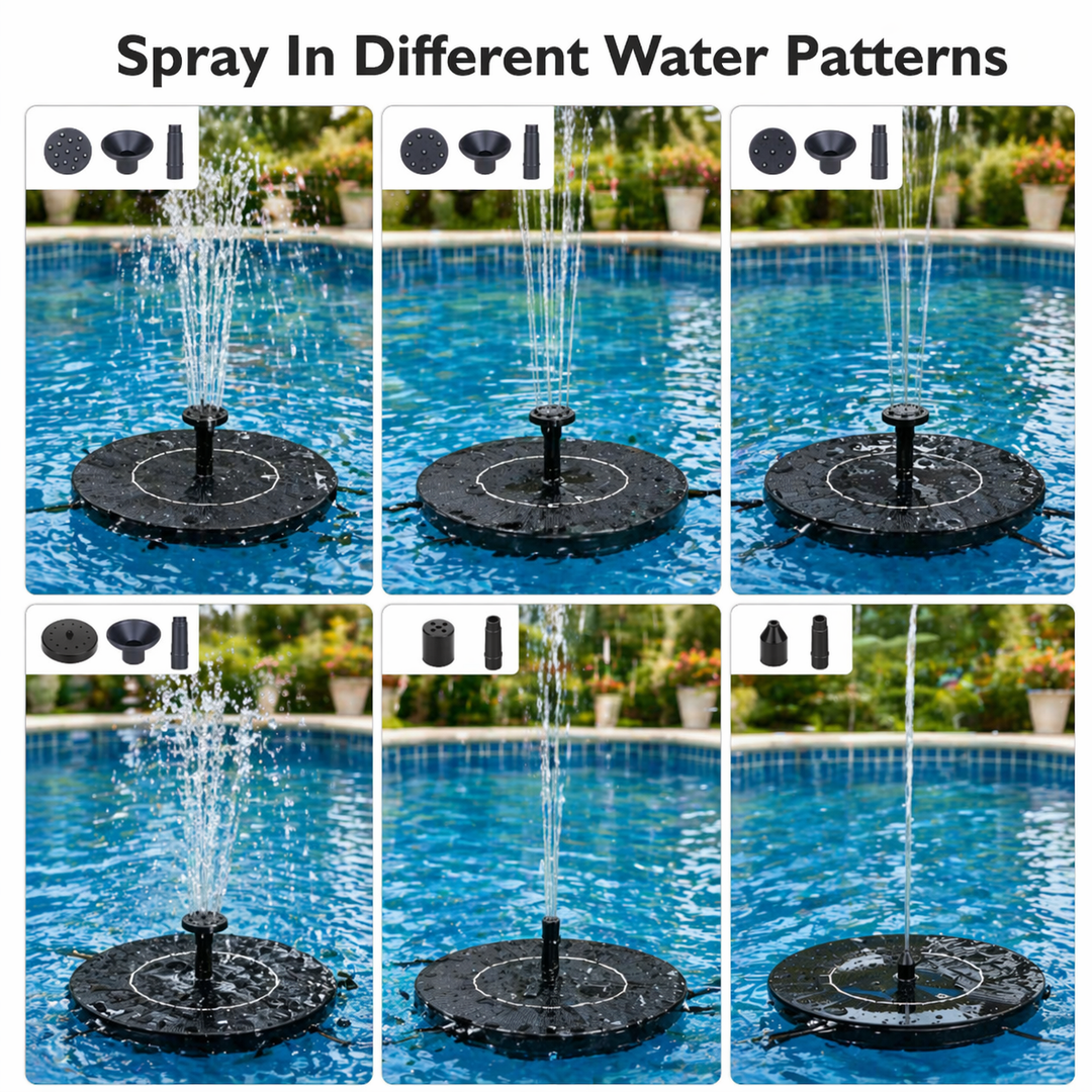 Six spray patterns shown for a floating solar fountain in an outdoor pool