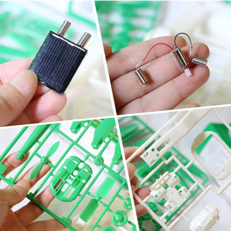 Close-ups of a solar panel, small motors, and green and white plastic component frames