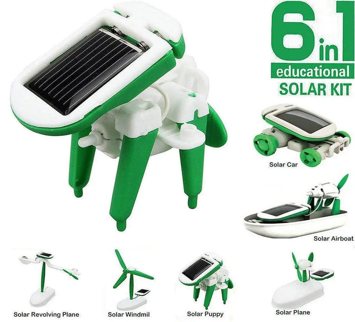 Green and white puppy model with a solar panel, shown alongside five other build options