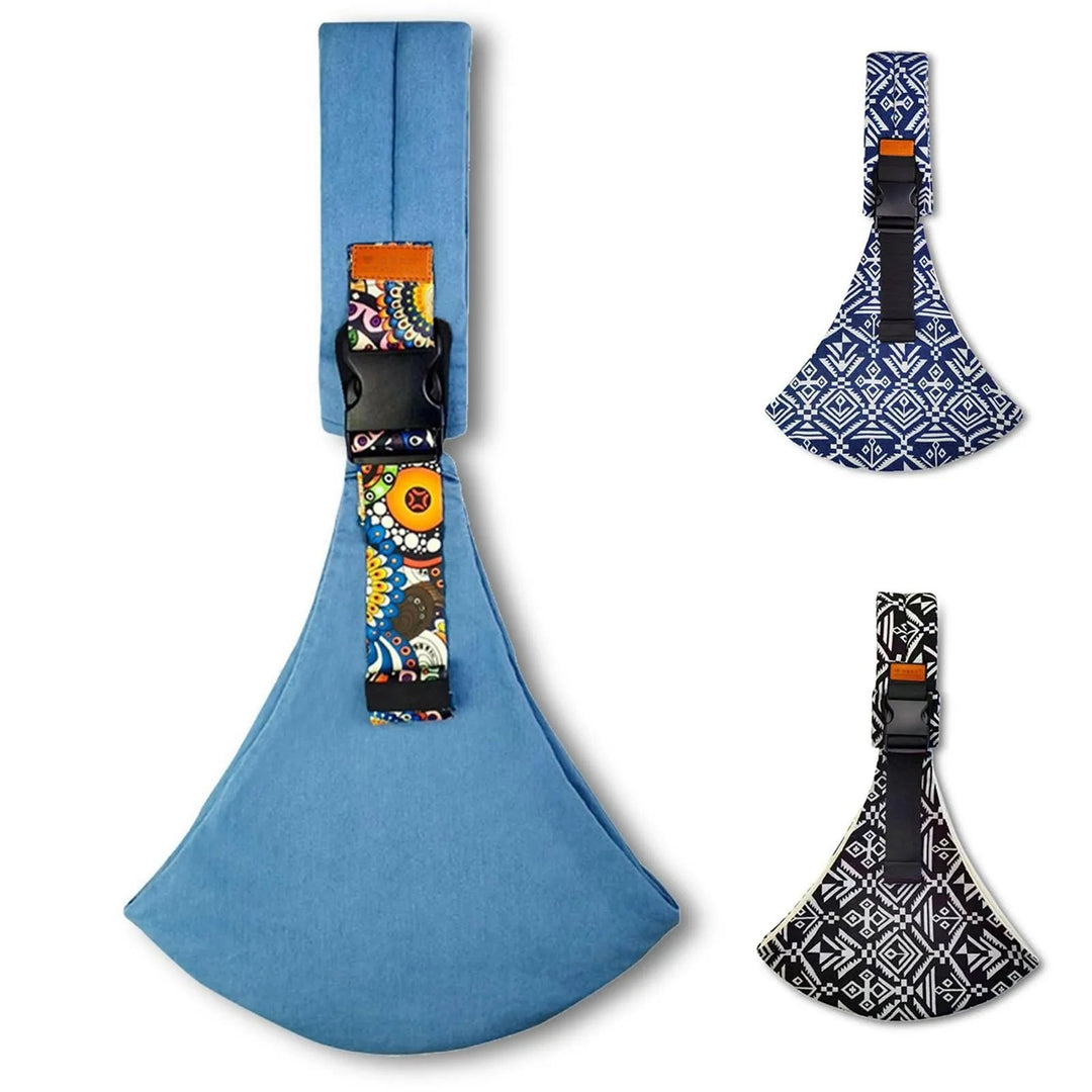 Solid blue hip carrier beside blue and black geometric-print styles