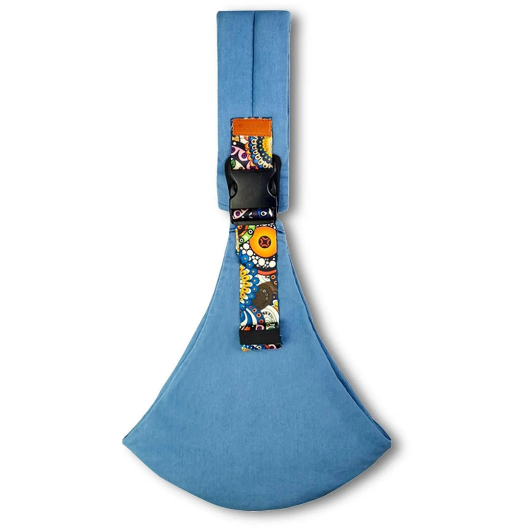 Solid blue hip carrier with a colorful strap accent and black buckle