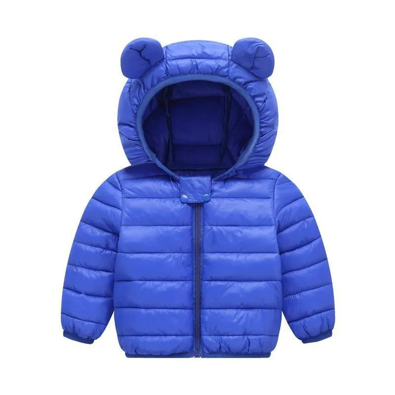 Blue quilted puffer jacket with a bear-ear hood and full-length front zipper