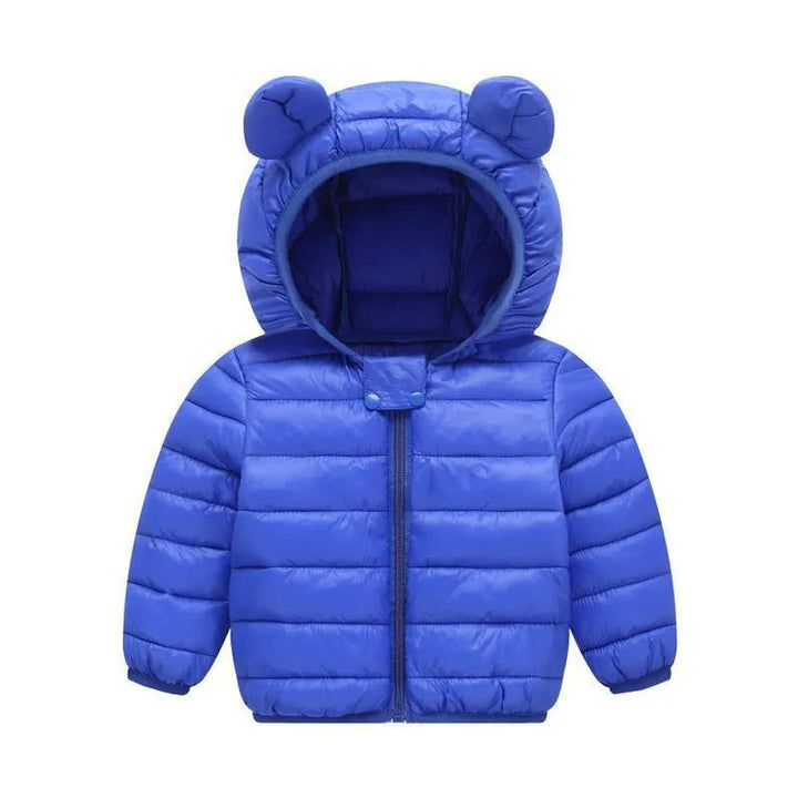 Blue quilted puffer jacket with a bear-ear hood and full-length front zipper