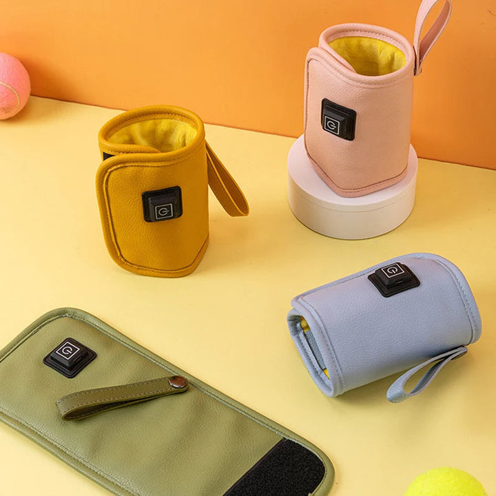 Pink, yellow, blue, and green bottle-warmer sleeves in upright and open positions.