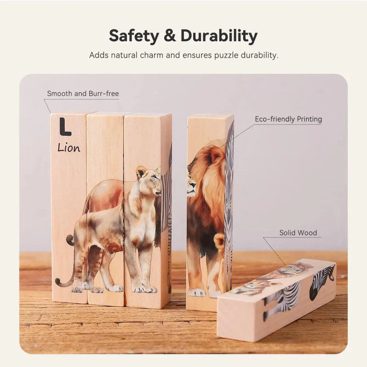 Lion illustration on chunky wooden puzzle blocks, with pieces standing upright and lying flat