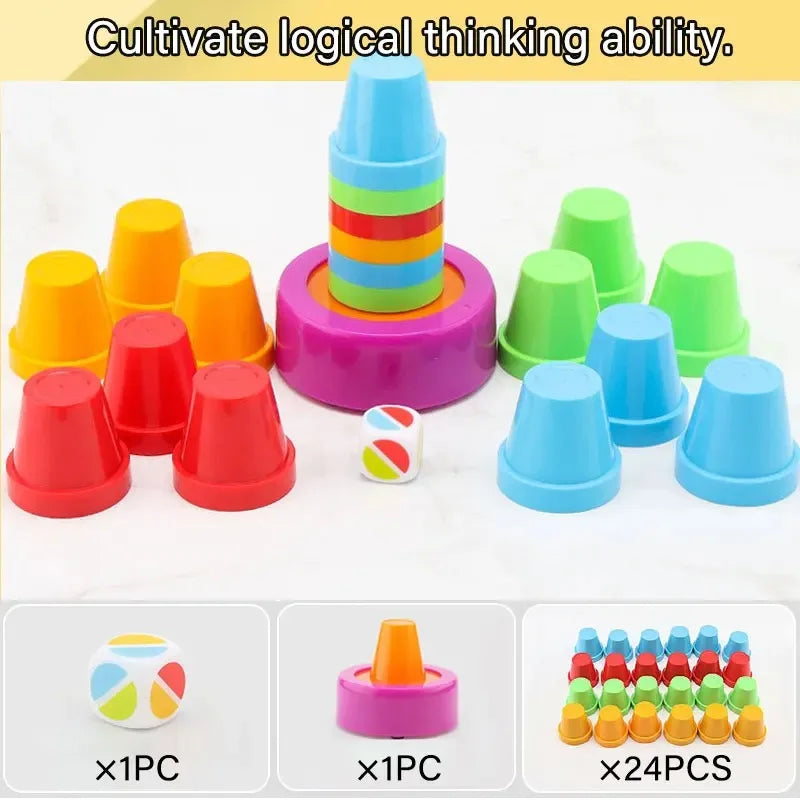 Color-sorted cups around a stacked tower, with a guide showing 24 cups, one die, and one base