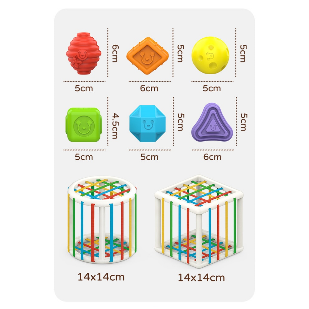 Measurement chart showing six textured shape blocks and round and square sorting frames