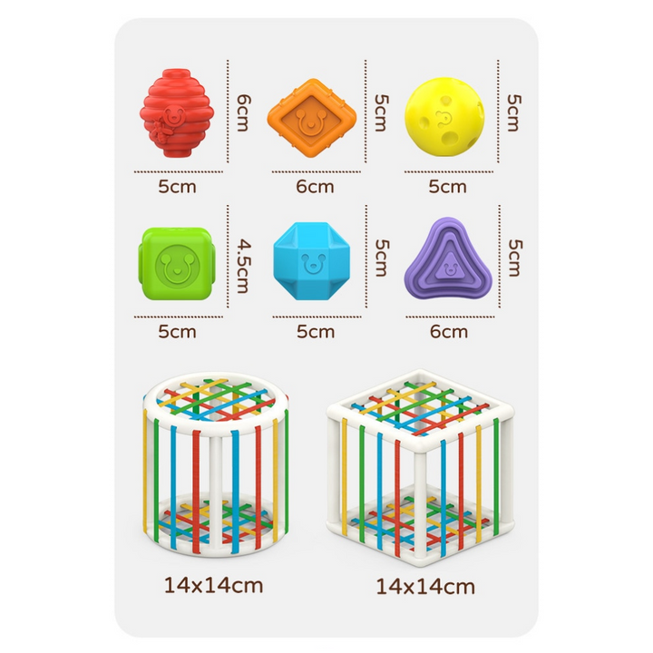 Measurement chart showing six textured shape blocks and round and square sorting frames