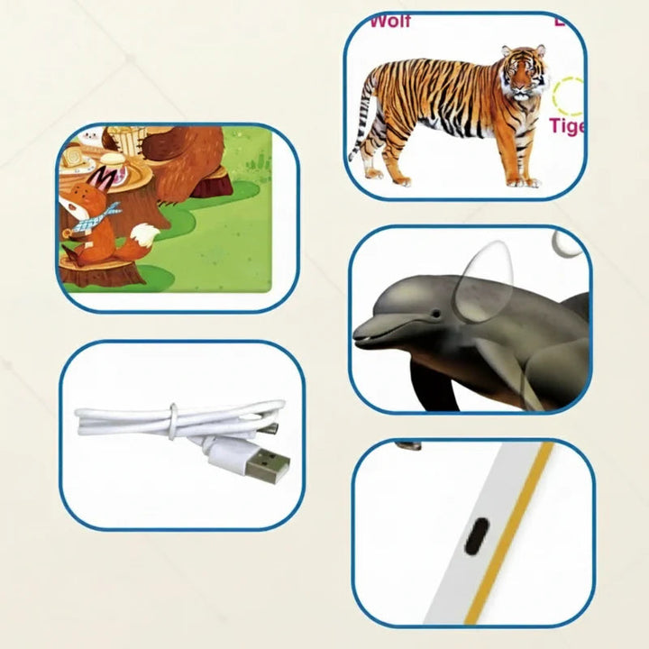 Sound book details showing animal pictures, a USB cable and the charging port