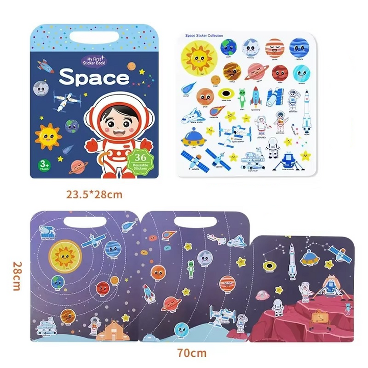 Space activity book measuring 23.5 x 28 cm closed and 28 x 70 cm open
