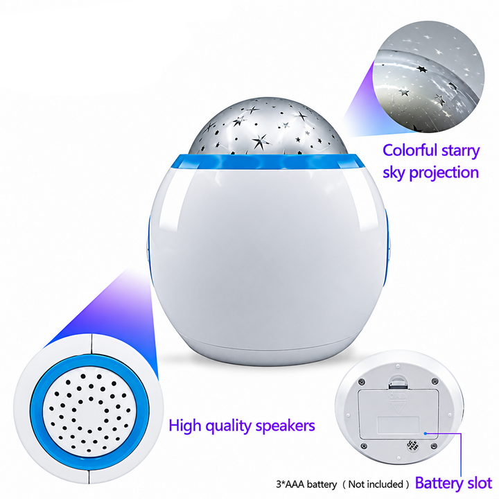 Space-style alarm clock showing its star-patterned dome, side speaker, and battery compartment.
