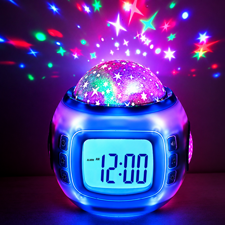 Space-style digital alarm clock glowing blue beneath a multicolored star projection.