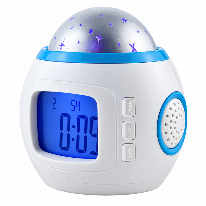 White and blue Space-style digital alarm clock with a star-patterned dome and side speaker.