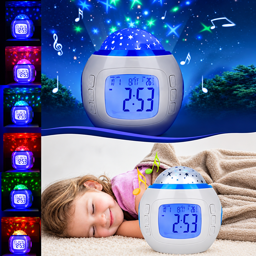 Space-style alarm clock with starry lighting, color examples, and a sleeping-child scene.