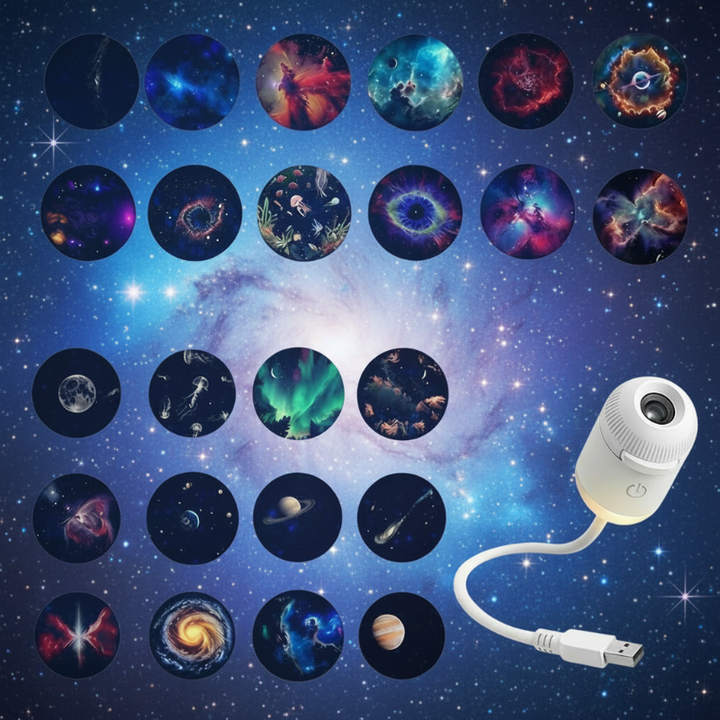 USB galaxy lamp with twenty-four space, aurora, and illustrated disc previews