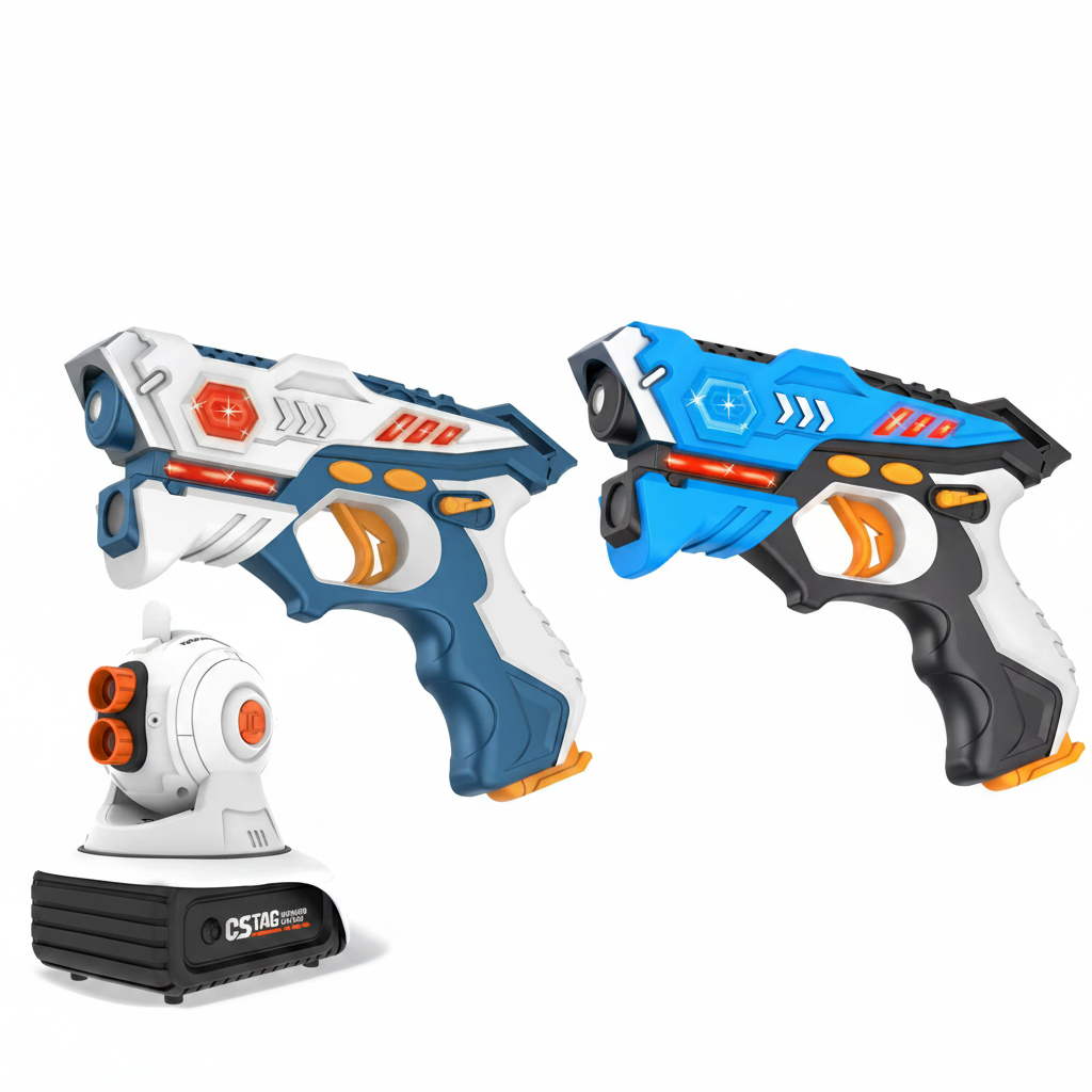Space Blaster set with two blue-and-white blasters and a tabletop projector.