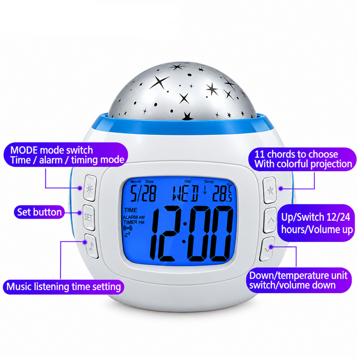 Labeled front controls on the Space-style digital alarm clock.