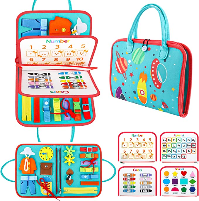 Felt busy book shown open and folded into a space-patterned carry case with handles