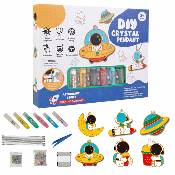Space-themed pendant kit with astronaut, rocket and planet designs plus decorating supplies