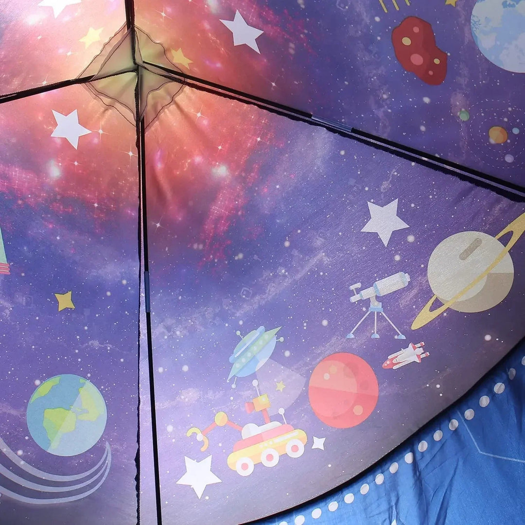 Interior roof of the play tent with colorful stars, planets, and crossed support rods.