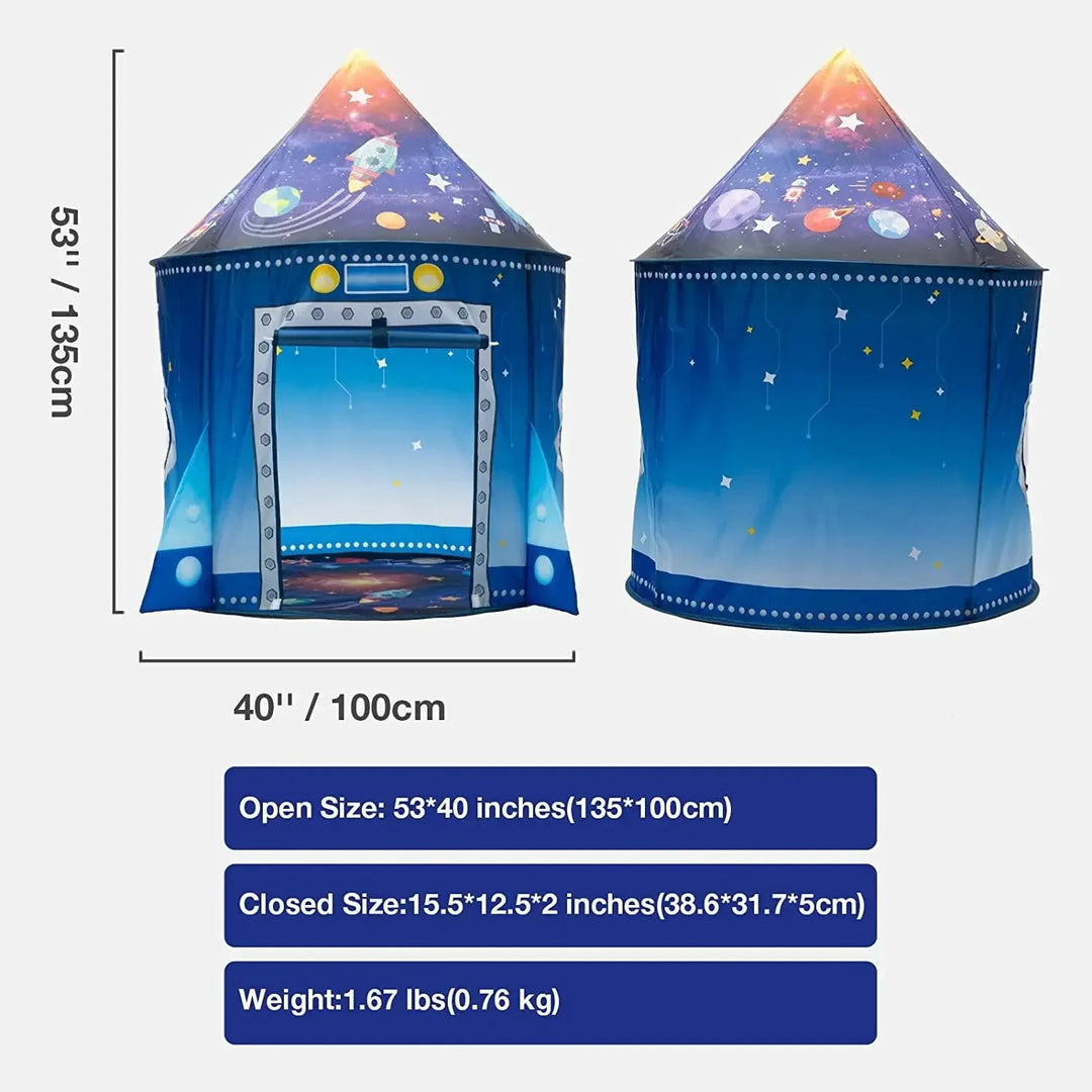 Space play tent shown from front and back with 135 cm height, 100 cm width, and folded measurements.