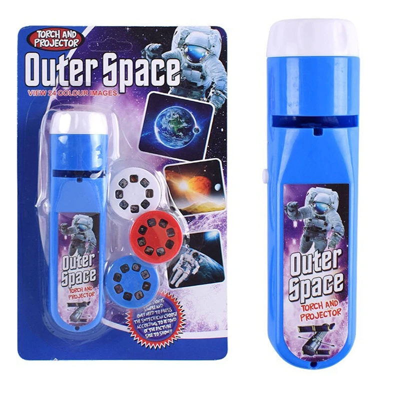 Blue space-themed projection flashlight with packaging and three picture slide discs