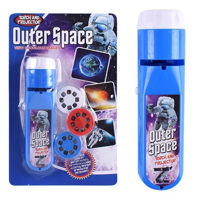 Blue space-themed projection flashlight with packaging and three picture slide discs