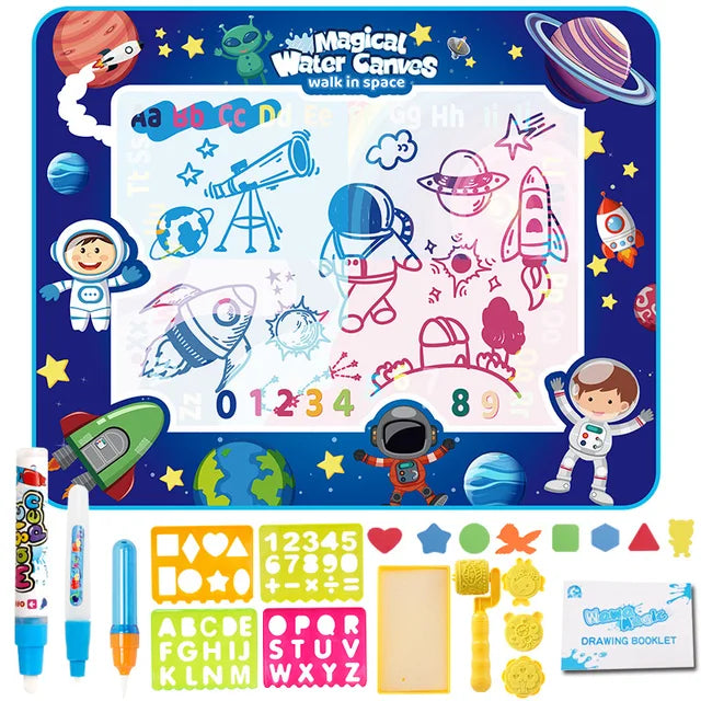 Space-themed water drawing mat with astronaut doodles, water pens, stencils, a roller, and a booklet