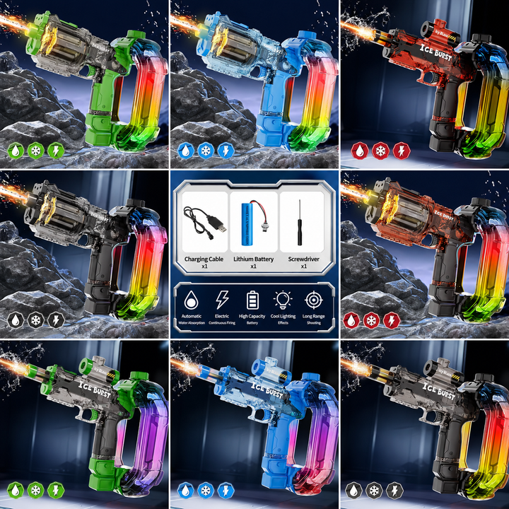 Water gun color and style lineup with a USB charging cable, battery, and mini screwdriver.