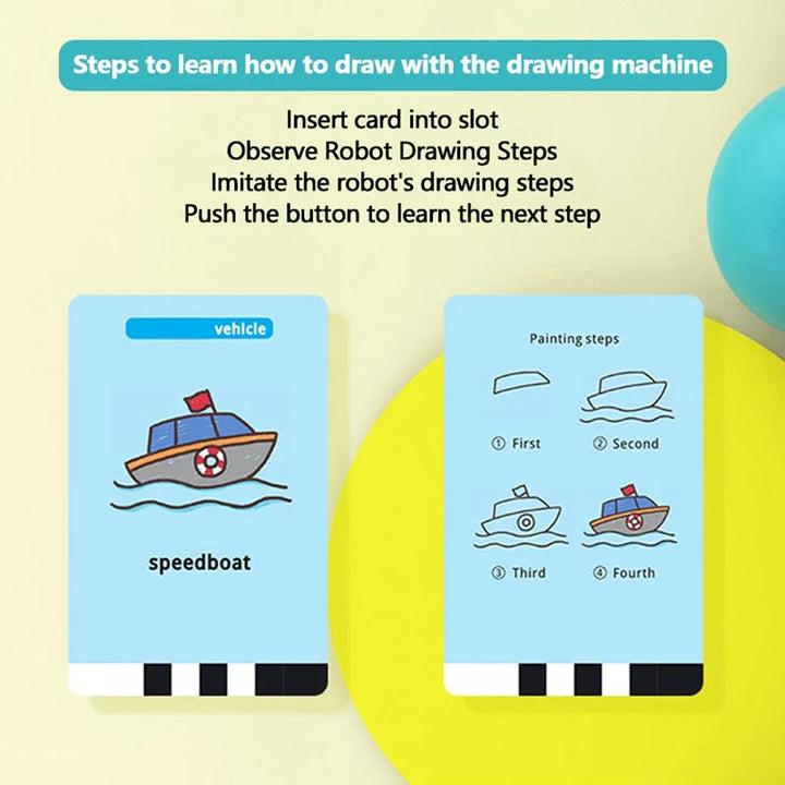 Drawing lesson cards showing a speedboat and four drawing steps