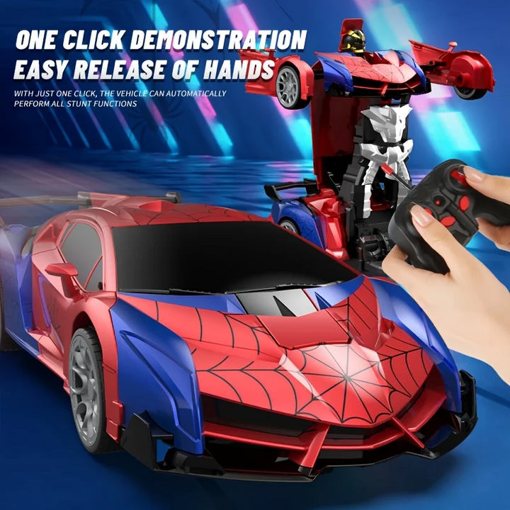 Red-and-blue RC car and robot form beside a controller with a one-button demo function