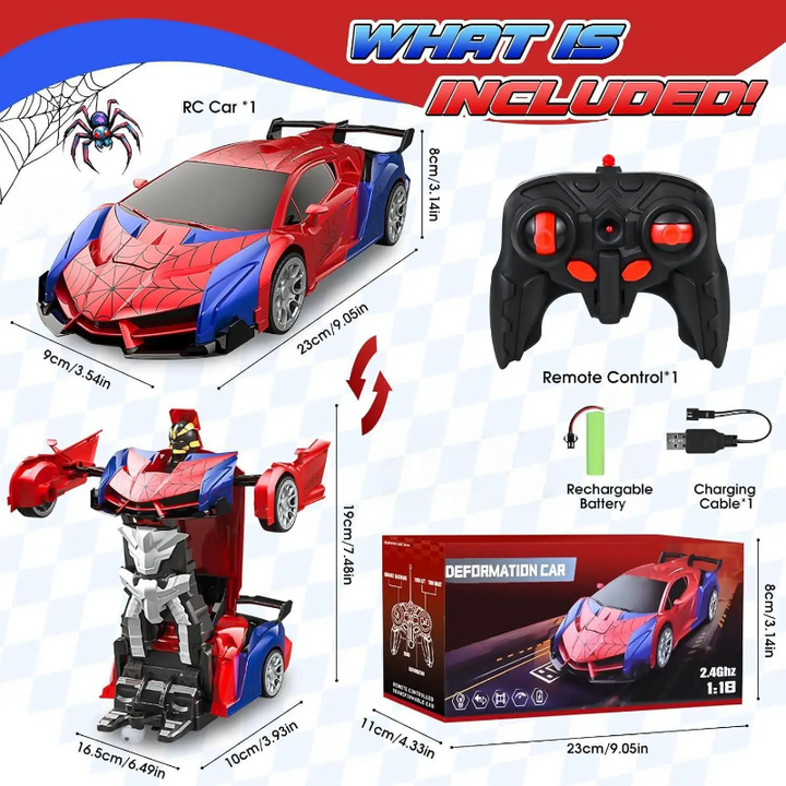Size and box-contents chart for the spiderweb RC car, robot mode, controller, battery, and charging cable
