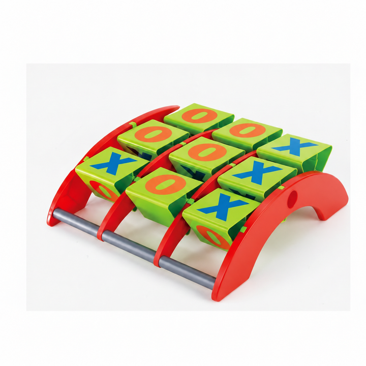 Tic-tac-toe toss board with nine green rotating blocks, blue X symbols, orange O symbols, and a red frame