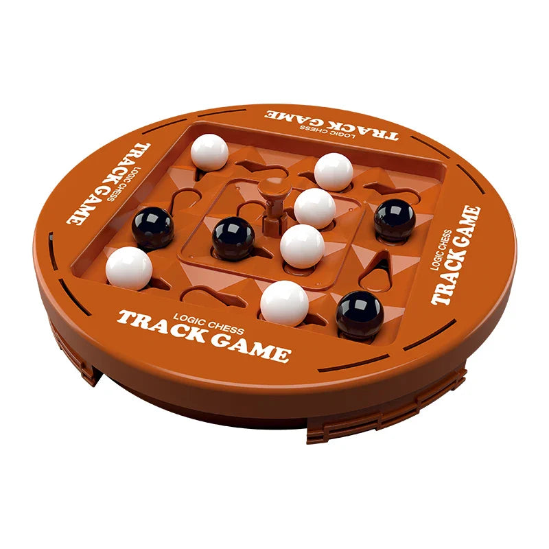 Brown rotating game board with black and white marbles in the playing grid