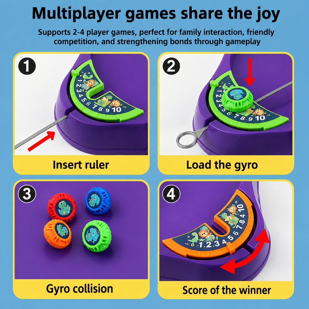 Four steps showing pull-string insertion, top loading, spinning play and score tracking.