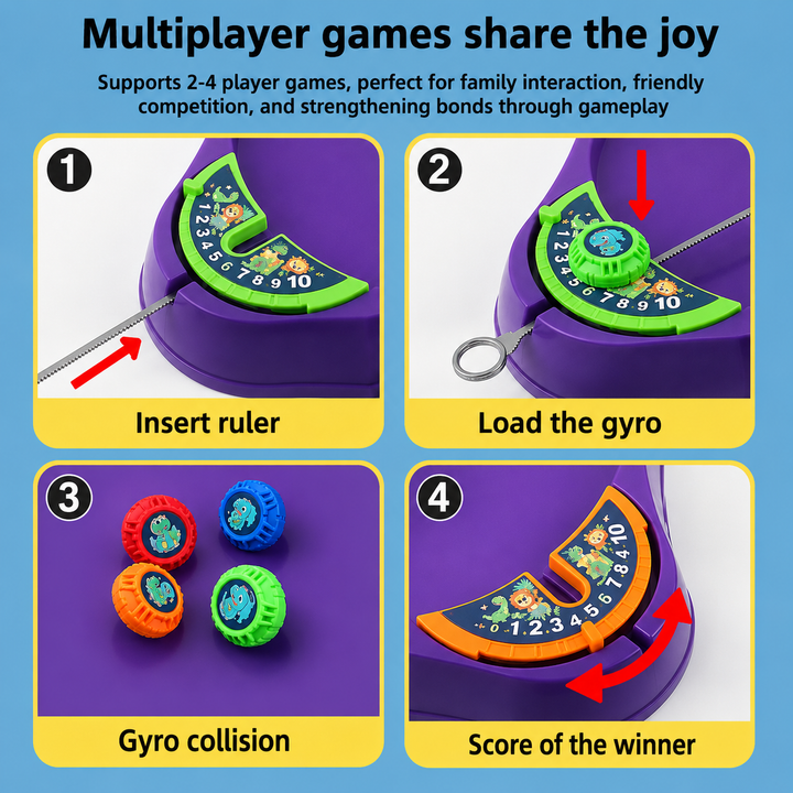 Four steps showing pull-string insertion, top loading, spinning play and score tracking.