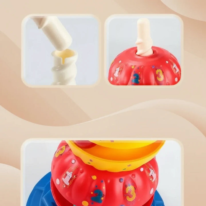 Spiral stacking post and red and yellow pieces shown in close-up