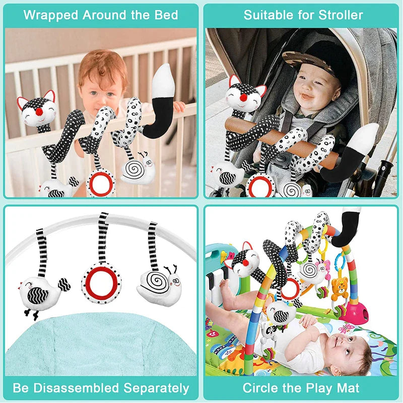 Spiral activity toy shown on a crib rail, stroller, and play gym, with hanging toys displayed separately.