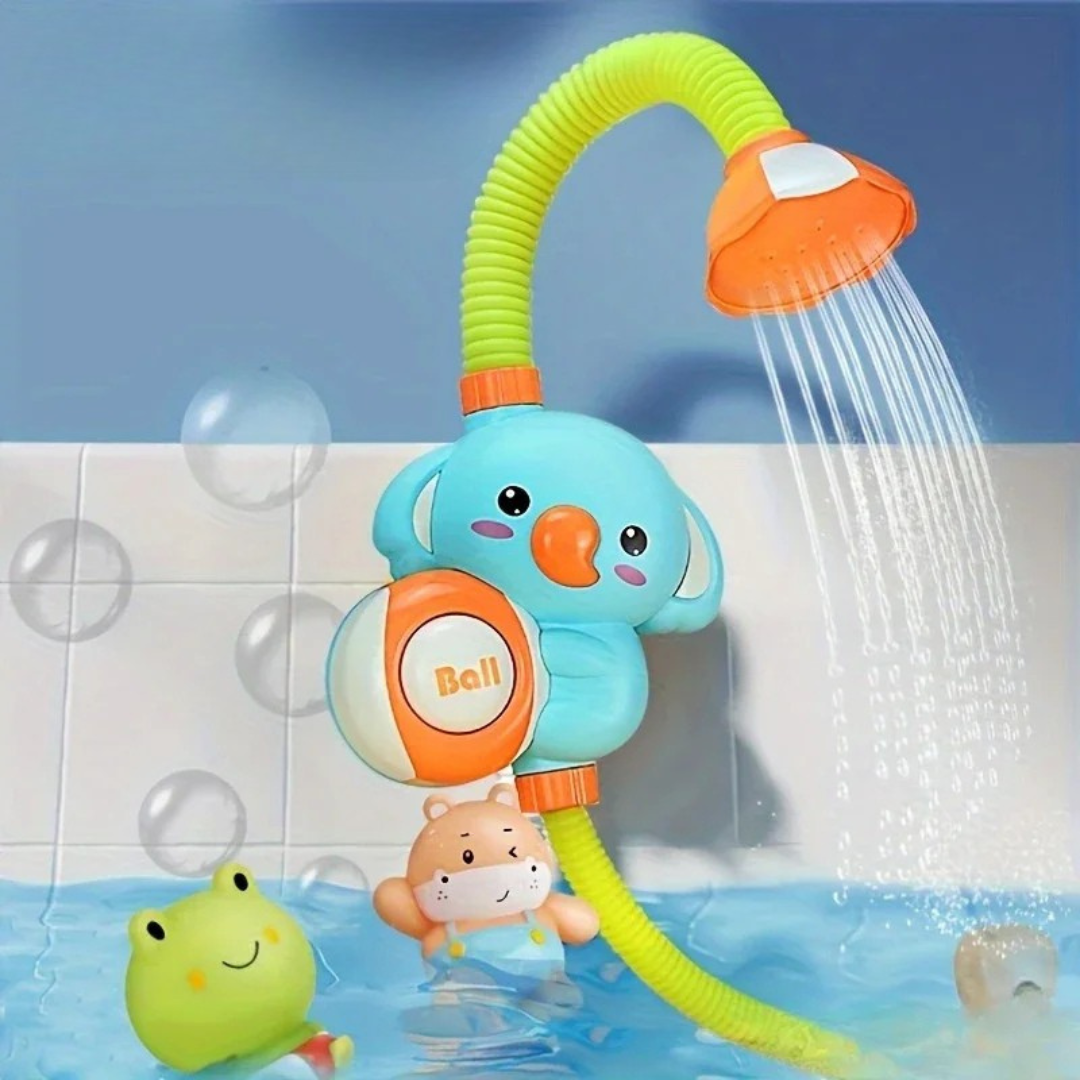 Turquoise character bath shower toy spraying water from an orange shower head over the tub