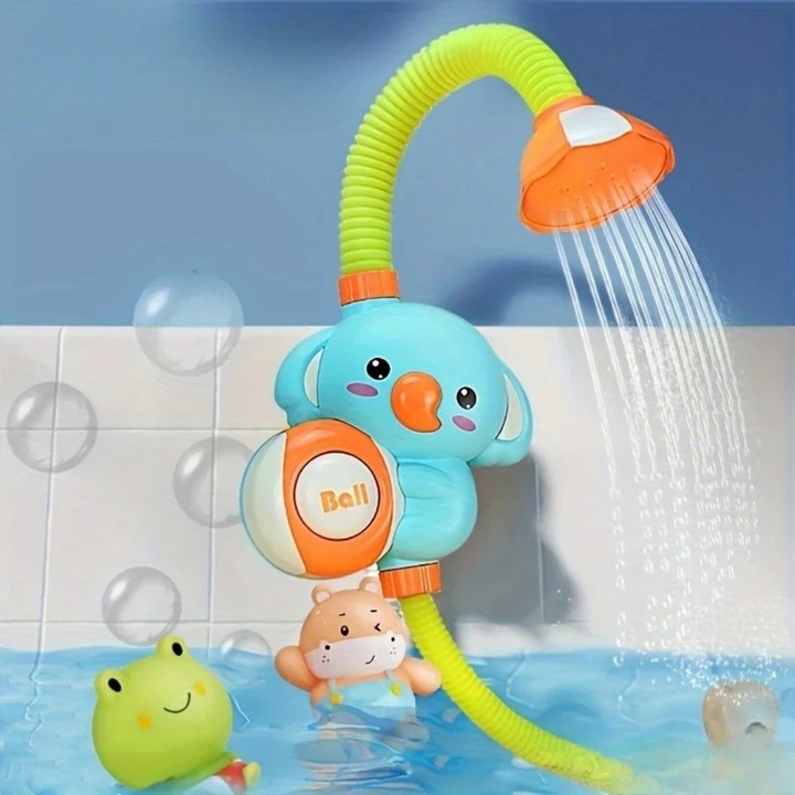 Turquoise character bath shower toy spraying water from an orange shower head over the tub