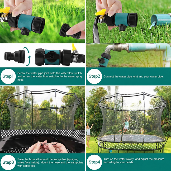 Setup steps showing the garden hose connection and sprinkler attachment around a trampoline.