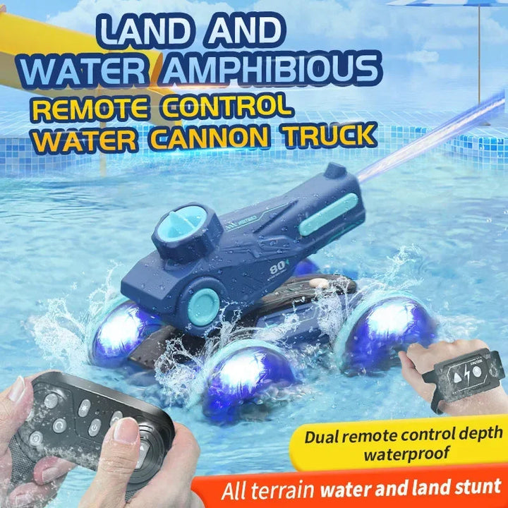 Blue amphibious RC car driving on water with handheld and wrist-style controllers shown.