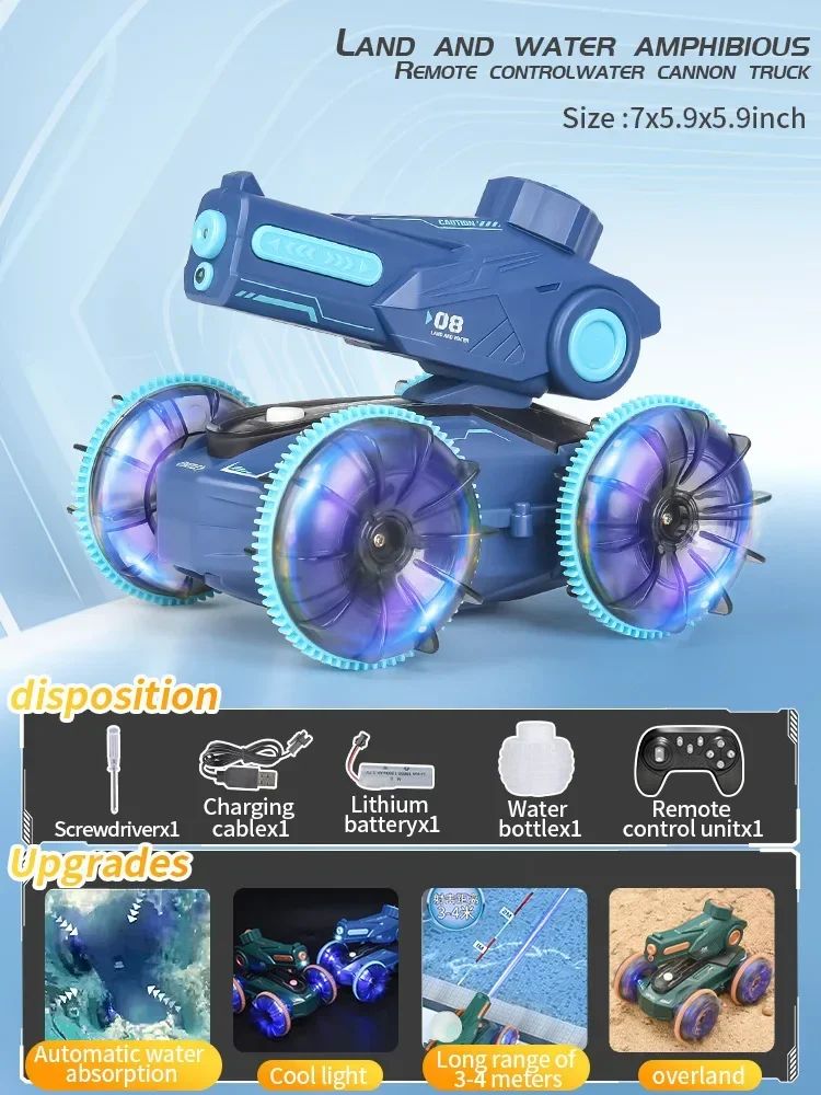 Blue RC car with turquoise wheel rims, dimension labels, and included accessory illustrations.